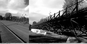 Brücke nach Thalkirchen, Holzbauwerk von 1991, Fahrbahn und Seitenansicht, Fotos von 2010