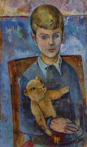 Datei:3-Knabe mit Teddybär (Sohn der Malerin), WVZ 1953-4, Öl-Lwd, 54 x 34cm.jpg