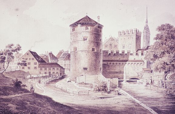 Der Roßschwemmbach gesehen imJ ahr 1852 von der Frauenstraße gegenüber von Hausnummer 4 und 6